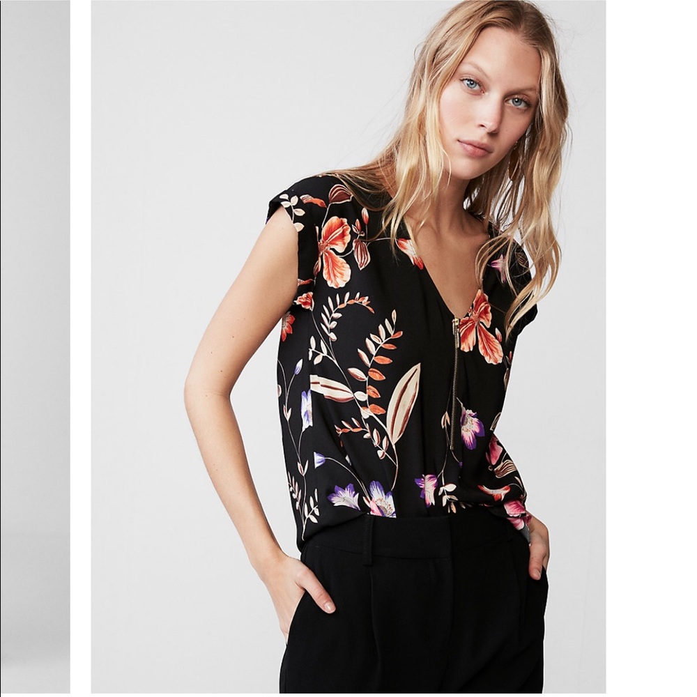 Express floral zip front roll sleeve